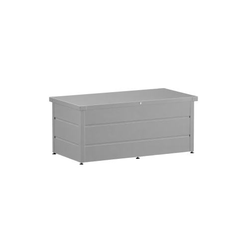 Skrzynia ogrodowa Hörmann w kolorze szare aluminium RAL 9007 wykonana ze stali ocynkowanej odpornej na warunki atmosferyczne.