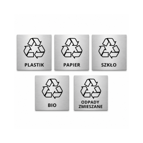 Komplet 5 metalowych tabliczek recyklingowych do segregacji odpadów: plastik, papier, szkło, bio i odpady zmieszane. Samoprzylepne oznaczenia na kosze i obudowy śmietnikowe PAT-MAR.